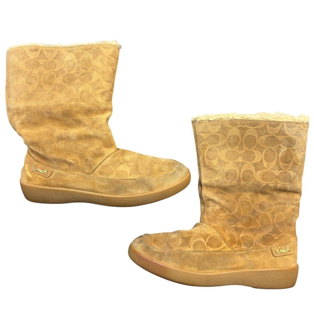 Coach Sherpa Lined Logo Winter Ankle Boots Womens Size 9 Brown Suede Round Toe